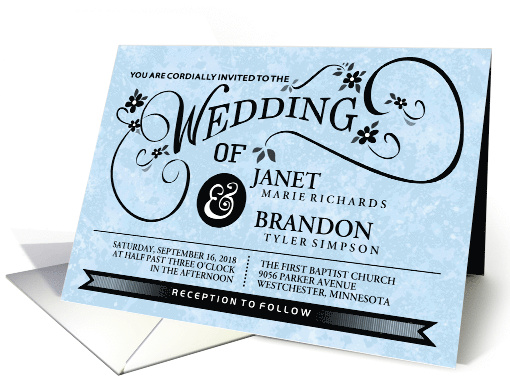 Black & Light Blue Fancy Floral Scroll Modern Wedding Invitation card