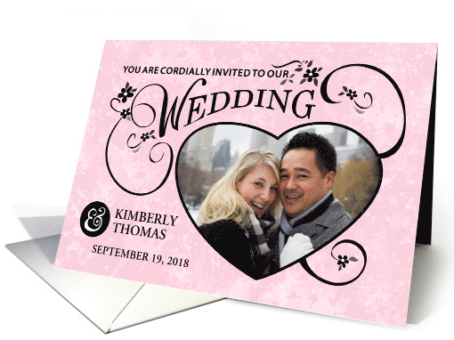 Pink & Black Fancy Floral Scroll Modern Photo Wedding Invitation card