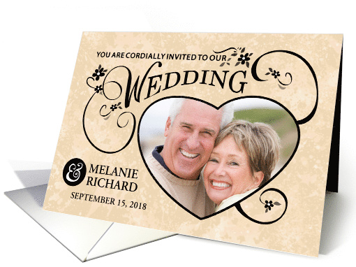 Gold & Black Fancy Floral Scroll Modern Photo Wedding Invitation card