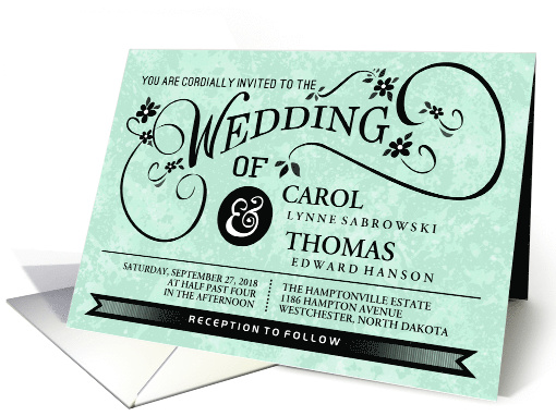 Mint Green & Black Fancy Floral Scroll Modern Wedding Invite card