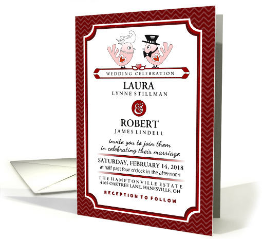 Wedding Celebration Love Birds Maroon Red White & Pink Invite card