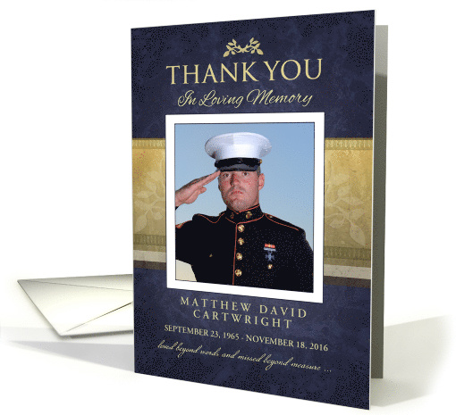 Thank You Elegant Navy Blue & Gold Custom Photo Memorial card