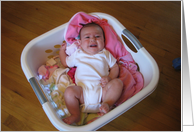 Crying Baby in Laundry Basket card