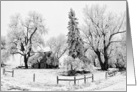 Happy Holidays from our house to yours- Stone house and trees blanketed by frost card