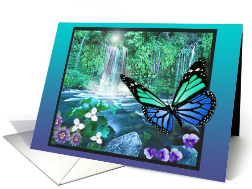Beautiful Waterfall With Butterfly & Flowers card (697281)
