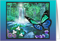 Beautiful Waterfall With Butterfly & Flowers card