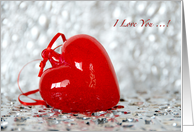 Happy Valentine Day! I love you message. Red Heart on Silver card