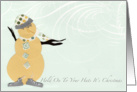 Snowman holds on to hat! It’s Christmas card