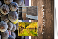 Dinner and Wine Invitation with Grapes, Wine Barrel and Vineyard Photograph card