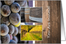 Dinner and Wine Invitation with Grapes, Wine Barrel and Vineyard Photograph card