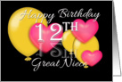 12th Birthday Great Niece, Balloons and hearts card