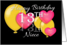 13th Birthday Niece, Balloons and hearts card