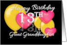 Great Granddaughter 13th Birthday Balloons and Hearts card