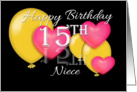 15th Birthday Niece, Balloons and hearts card