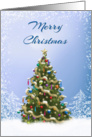 Merry Christmas, Decorated Tree in the snow card