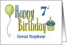 Happy 7th Birthday Great Nephew, cupcake, balloon card