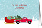 Old-Fashioned Christmas Card, red truck and sleigh, snow card