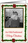 Old-Fashioned Merry Christmas, Holly and Berries, BW Photo card