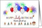 Happy July Birthday From All Of Us, Balloons and Fireworks card