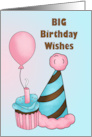 Big Birthday Wishes with Cupcake Party Hat and Balloon card
