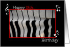 Happy 13th Birthday, Wavy Piano keys on a scarf with black background and music notes card
