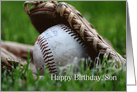 Happy Birthday, Son, worn softball in glove in grass card