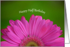 Happy Half Birthday, half pink gerber daisy with green background card