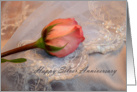 Happy Silver Anniversary, pink rose on silver fabric card