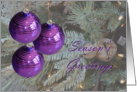 Season’s Greetings Ornaments, Three Purple Ornaments on a tree card