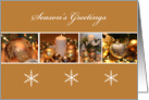 Season’s Greetings Ornaments, photos of gold and silver ornaments card