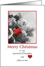 Merry Christmas Expectant Daughter and Son-in-law, red rose & ornament card