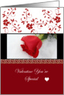 Valentine Friend You’re Special, red rose with red and white back card