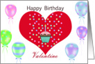 Red Heart Valentine Birthday, balloons, red heart, cupcake, confetti card