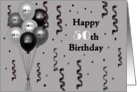 Happy 50th Birthday Balloons, Black, silver balloons, confetti card