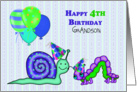 Happy 4th Birthday Grandson Bugs, Snail, Inch worm and balloons card