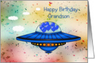 Grandson Spaceship Birthday, Blue Spaceship with balloons card