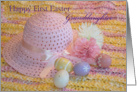 First Easter Granddaughter, Easter hat, crochet, eggs and flowers card