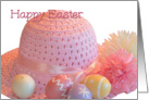 Happy Easter Hat, straw hat, eggs, flowers card