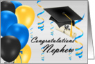 Congratulations Nephew, grad hat, balloons, degree card