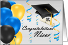 Congratulations Niece, grad hat, balloons, degree card