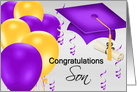 Congratulations For Graduating Son, Graduation Cap, Balloons, Diploma card