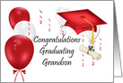 Graduation For Grandson With Graduation Cap and Balloons, Red, White card