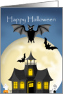 Haunted Halloween, haunted house with bats and full moon card