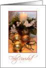 Feliz Navidad, Spanish white with gold bulbs and candle card