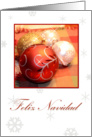 Feliz Navidad, Spanish white with ornaments and snowflakes card