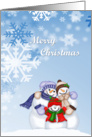 Snow Family Merry Christmas, blue, white snowflakes, snow people card