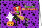 Rockin’ Halloween, witch, cat and ghost card