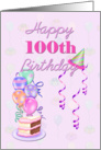 Happy 100th Birthday, with balloons and cake card