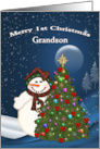 Grandson Merry 1st Christmas Snowman on Starry Night card