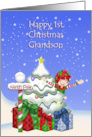 Grandson Happy 1st Christmas Elf with Christmas tree at North Pole card